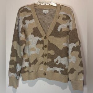 Lucky Brand Wool Blend Neutrals Camo Cardigan V Neck Button Down Sweater Size L